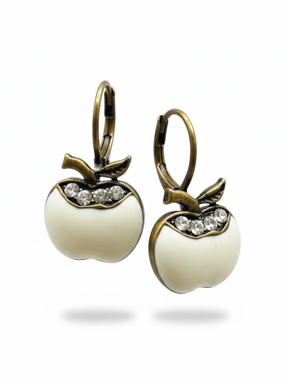 Vintage Trifari  White milk glass Apple Drop Earrings with Crystals lever back